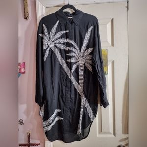 Badgley Mischka Women's Small Tunic Swim Cover Up White Black Palm Tree Emb